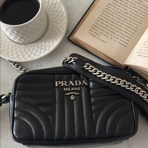 Prada Black Quilted Leather Bag with Silver Chain